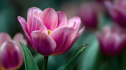 Fototapeta premium Detailed ro view of a single vibrant pink tulip bloom featuring soft focus on its delicate petals and gentle lighting symbolizing spring renewal and natural elegance