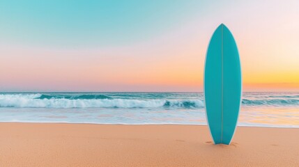 Vibrant Surfboard by the Tranquil Ocean Waves and Sandy Beach at Sunset, Capturing the Essence of Summer, Adventure, and Coastal Serenity