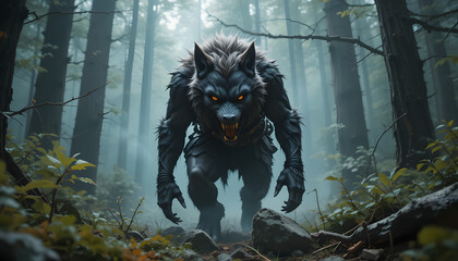 Obraz premium werewolf in the dark forest/ a fierce-looking beast 4k pc wallpaper