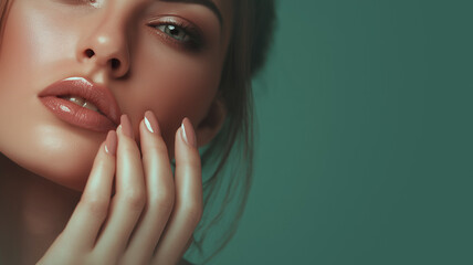 Close up of young Caucasian woman touching her face with hand with natural makeup and elegant manicure on green background with copyspace