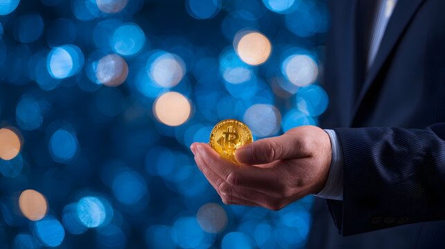 Businessman presents physical digital currency coin against a background of festive lights