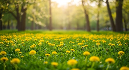 Fototapeta premium Vibrant field of dandelions bathed in golden sunlight, natures beauty.