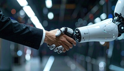 Human and Robot Handshake Symbolizing Future Technology Partnership and Collaboration.