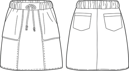 Casual skirt technical fashion sketch, elastic waistband with drawstring, patch pockets, center back seam, curved hem, front and back views, garment construction vector illustration