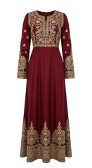 Elegant maroon dress with golden embroidery, long sleeves isolated on transparent background