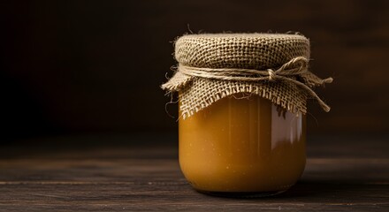 Rustic Jar of Dulce de Leche Wrapped in Burlap and Twine with a Premium Feel