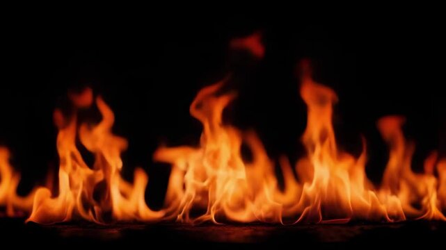 A row of orange flames dancing along a dark surface with a black background.