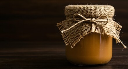 Artisanal Dulce de Leche Jar Sealed with Burlap in a Dark Wood Setting