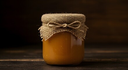Premium Rustic Jar of Dulce de Leche Tied with Twine Against Dark Wood