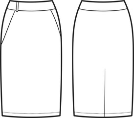 Pencil skirt technical fashion sketch, fitted waistband, side zipper, angled pockets, back slit, front and back views, garment construction vector illustration