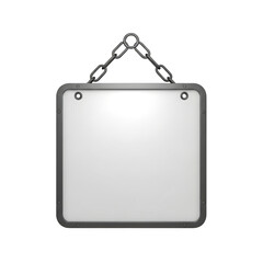 Blank square sign hanging with metal chain, empty white board isolated on transparent background