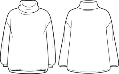 Turtleneck sweater technical fashion sketch, high folded collar, long sleeves with ribbed cuffs, relaxed fit, front and back views, garment construction vector illustration