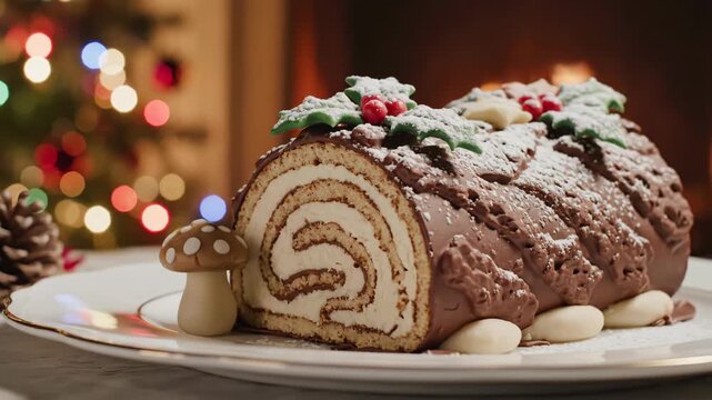 A festive chocolate Yule log cake decorated with holly and marzipan mushrooms by a cozy fireplace.
