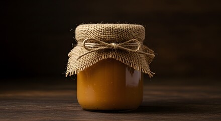 Handcrafted Dulce de Leche Jar with Burlap and Twine in a Rustic Setup