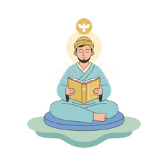 Man Meditating Reading Holy Book With Dove Above Head And Light Rays On White Background Calm And Peaceful Scene