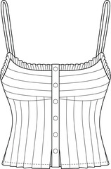 Sleeveless camisole top technical fashion sketch, spaghetti straps, button-down front, pleated bodice, structured seams, garment construction vector illustration