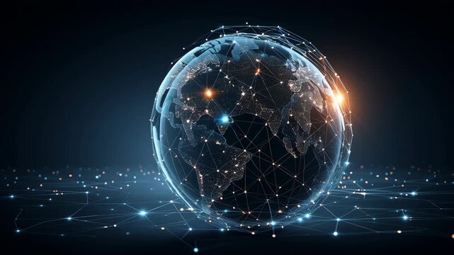 Stunning digital globe with interconnected lines and glowing nodes symbolizing global connectivity and technology