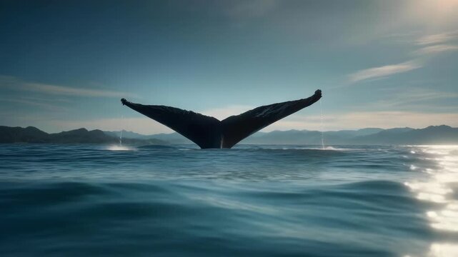 A whale's tail fluke rising from the ocean as the whale dives.