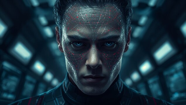 Futuristic man portrait cyberpunk technology blue red black headpiece grid lines dots intense expression generative AI - Powered by Adobe