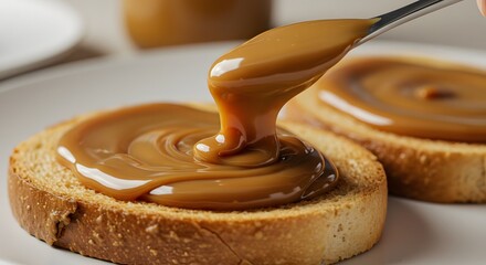 Dulce de leche spreading on hot toast in a delicious and cozy scene.