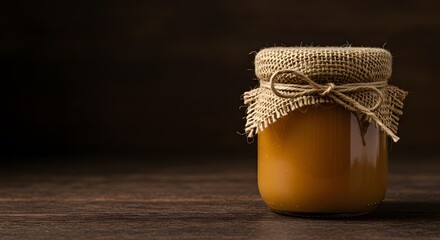 Twine-Tied Burlap Jar of Dulce de Leche in a Warm, Artisanal Composition