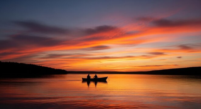 Silhouettes of people in a boat on a lake at sunset with vibrant sky