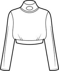 Cropped top technical fashion sketch, long sleeves, high neckline with circular cutout, gathered hem, front view, garment construction vector illustration
