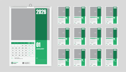 2026 wall calendar template. 12-page editable vector layout with minimal monthly planner. Perfect for corporate, office, or business use 
