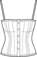 Corset-style top technical fashion sketch, button-down front, thin straps, structured seams, fitted waist, flared hem, garment construction vector illustration
