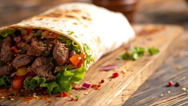 A close-up shot of a wrap filled with meat, vegetables and lettuce, on a wooden surface