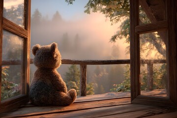 Cozy Teddy Bear Sitting on Wooden Cabin Porch