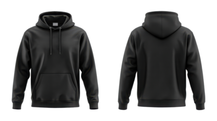 Front and back view of a black hooded sweatshirt isolated on transparent background