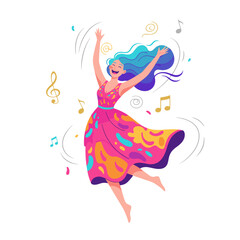 Joyful Woman With Blue Hair Dancing Enthusiastically Surrounded by Musical Notes and Colorful Confetti in a Vibrant Celebration of Freedom and Happiness