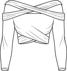 Off-the-shoulder top technical fashion sketch, crisscross wrap design, long fitted sleeves, layered silhouette, front view, garment construction vector illustration