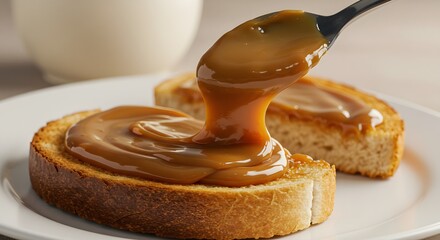 Rich Dulce de Leche Slowly Coating Toast in a Cozy Macro Composition