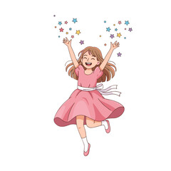 Joyful young girl in a pink dress and white sash jumping with excitement surrounded by colorful stars on a clean white background flat design illustration