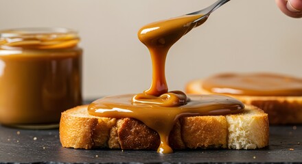Macro Capture of Dulce de Leche Melting Into Toast with Creamy Warm Tones