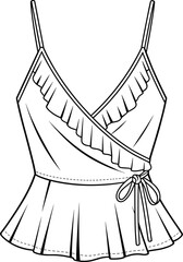 Sleeveless wrap top technical fashion sketch, V-neckline with ruffled trim, spaghetti straps, peplum hem, tied waist, garment construction vector illustration
