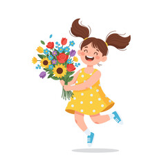 Joyful young girl in a yellow polka dot dress holding a colorful bouquet of flowers while jumping with happiness on a white background