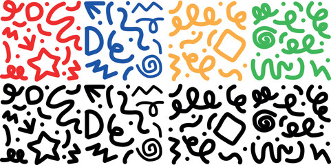 Trendy Memphis Style Seamless Brush Line Pattern – Colorful Hand-Drawn Abstract Geometric Vector Background for Scrapbooking, Stationery & Digital Art