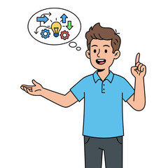 Man Gesturing With One Hand Raised And Light Bulb Idea Symbol In Thought Bubble Cartoon Flat Design
