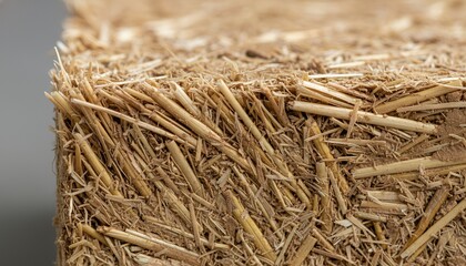Straw particle board close-up showing natural texture and fibers biobased building block