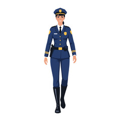 Fototapeta premium Male Police Officer In Blue Uniform And Cap Saluting With A Stern Expression On White Background In A Flat Vector Style