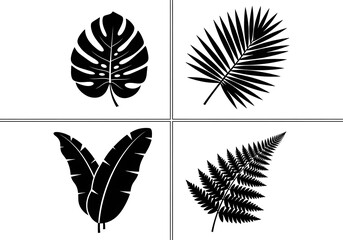 Four black tropical leaf silhouettes isolated on white background