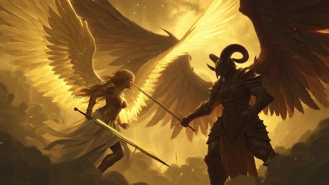 Epic battle between angel and demon in a dramatic fantasy landscape, showcasing stunning artwork and dynamic action.