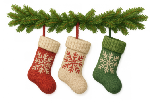 Christmas knitted stockings hanging with snowflake pattern from a fir garland, holiday season decoration on transparent background