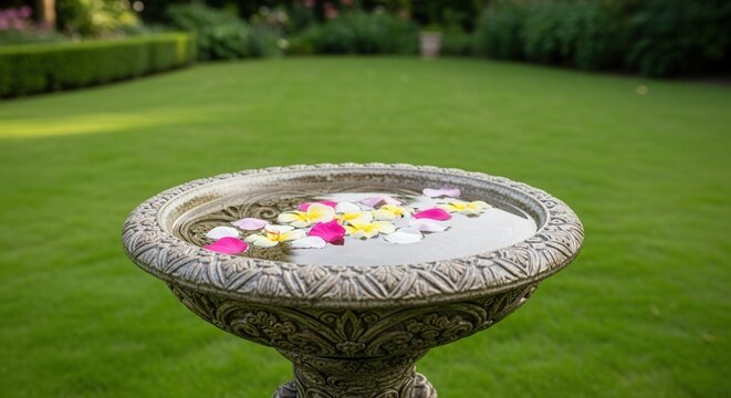 Flower petals floating in an ornate stone bird bath in a garden. Spa and wellness concept with a blurred green background