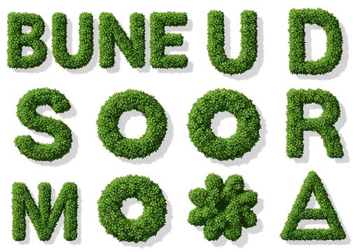 Green hedge letters spelling bune u d soor mo a isolated on white background