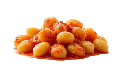 Soft potato gnocchi covered in a rich tomato sauce looks delicious when cooked.
