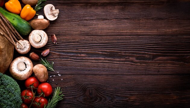 dark wood background foraged mushrooms garden vegetables border healthy food recipe agriculture